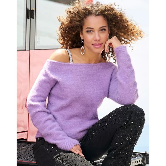 Boston Proper Plush Slouchy Sweater Size M Eyelash Pullover Boho Lilac Purple - Picture 1 of 12